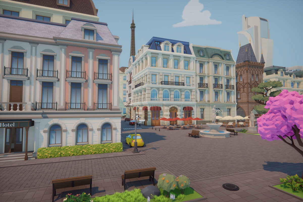 stylized low poly city buildings and streets