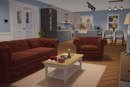 low poly apartment interior scene with furniture and props