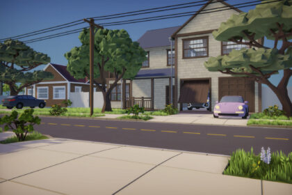 Low poly suburban street with modular cartoon houses