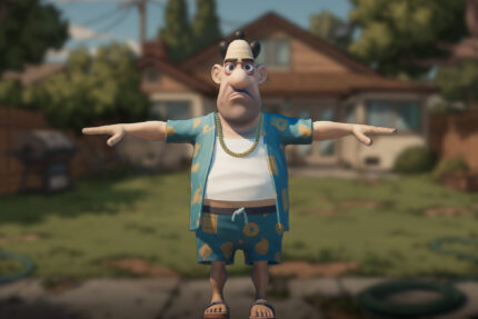 Stylized goofy male character in a relaxed outfit