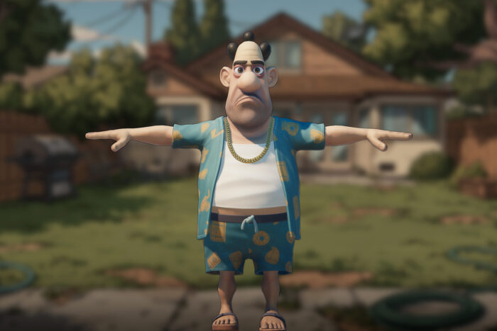 Stylized goofy male character in a relaxed outfit