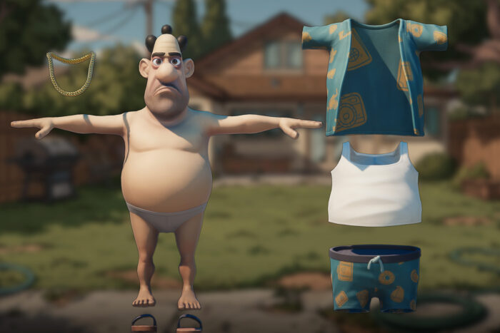 Stylized goofy male character wearing underwear