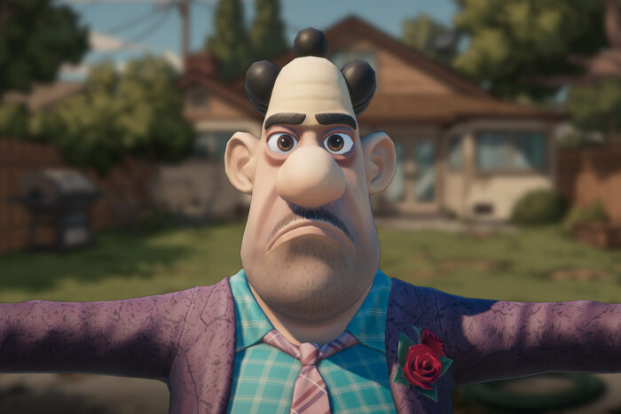 Stylized goofy character with a flower on his jacket