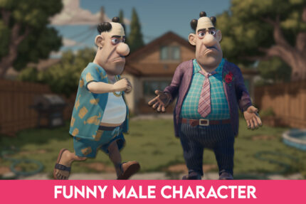 Stylized goofy male character with modular outfits